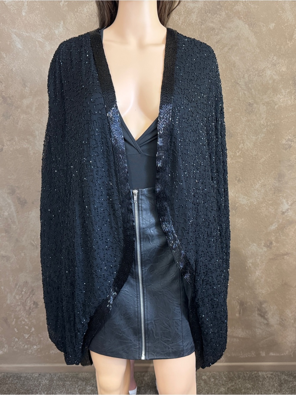 Vintage SCALA Silk, Black Beaded & Sequin Open-Front Women Kimono Bat Wing Cape